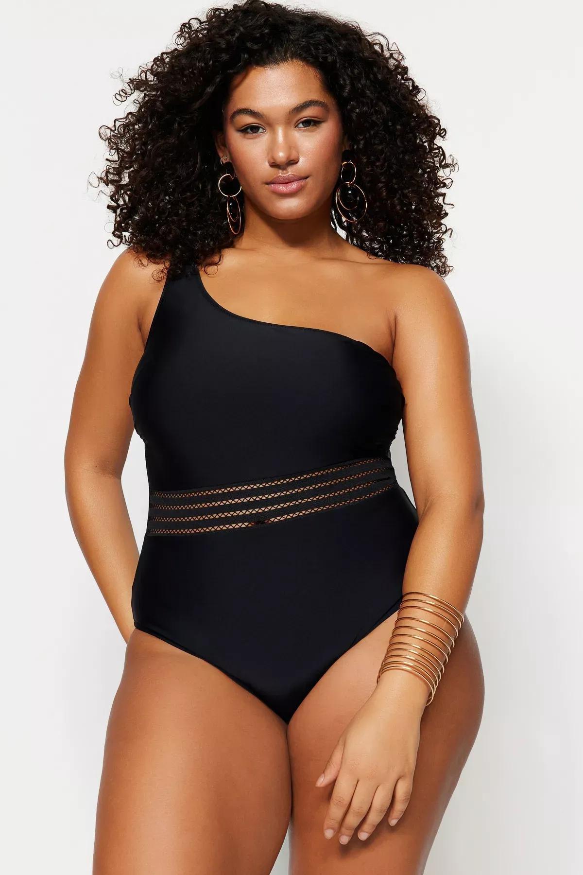 Black Sheer Detail Plus Size Swimsuit, Black, medium
