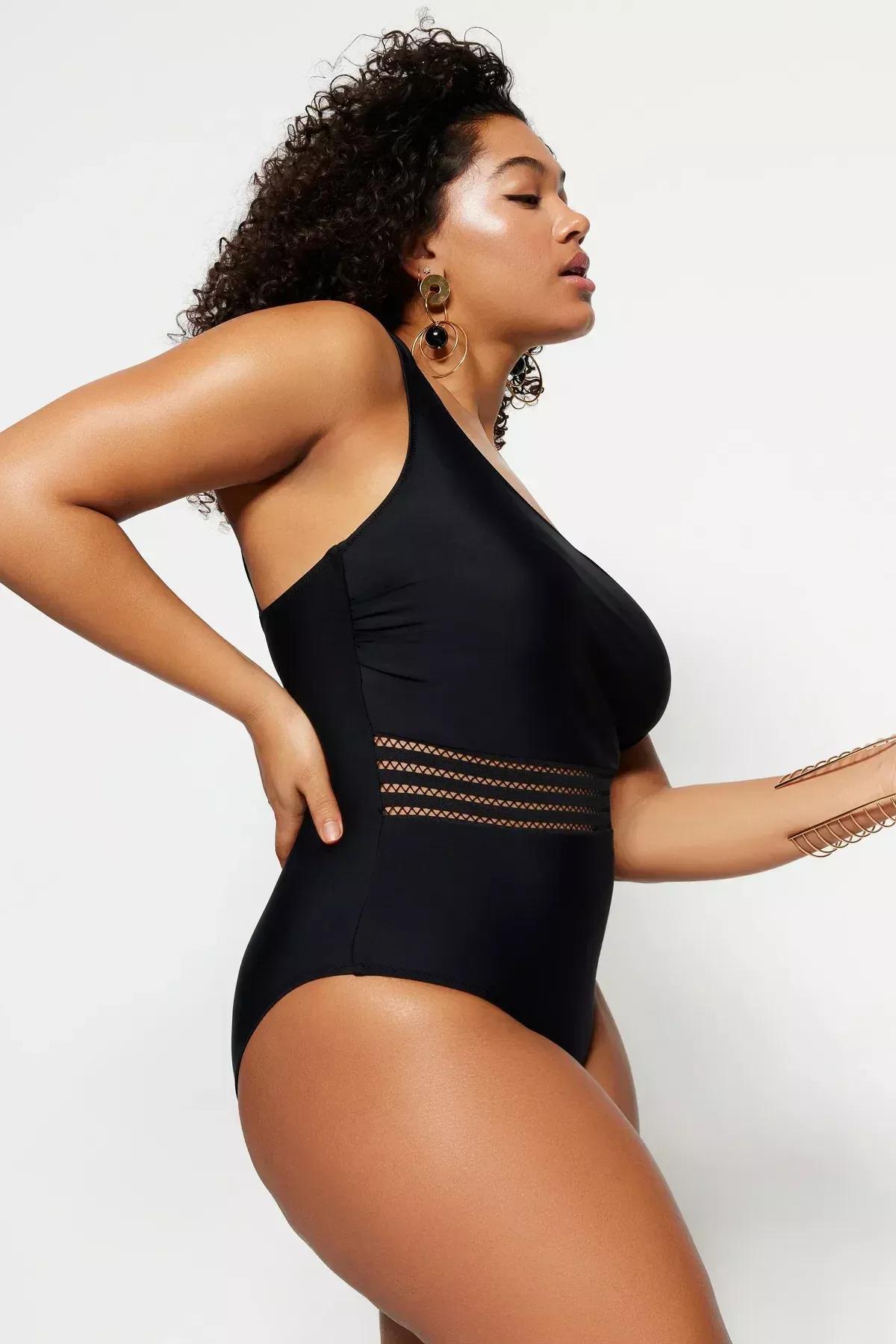 Black Sheer Detail Plus Size Swimsuit, Black, medium