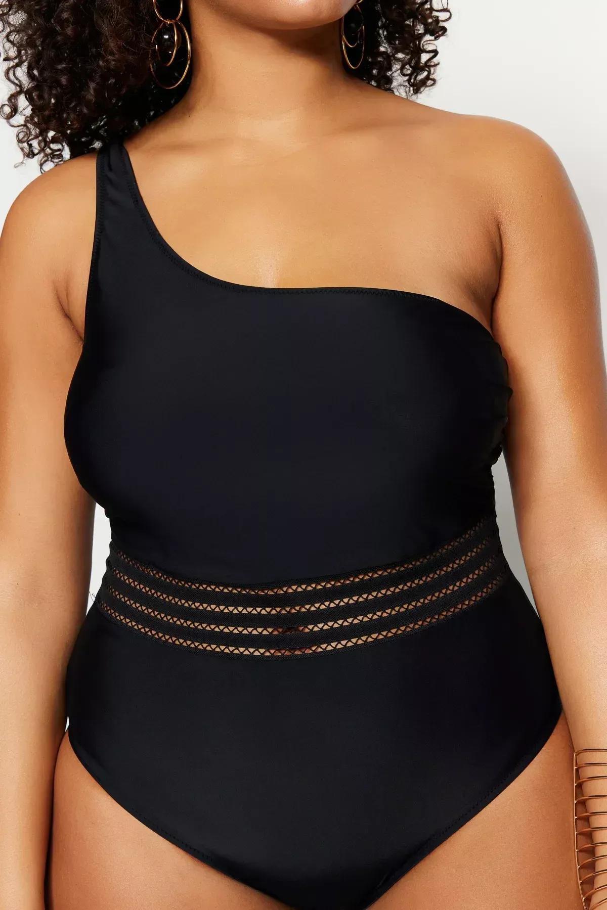 Black Sheer Detail Plus Size Swimsuit, Black, large image number 3