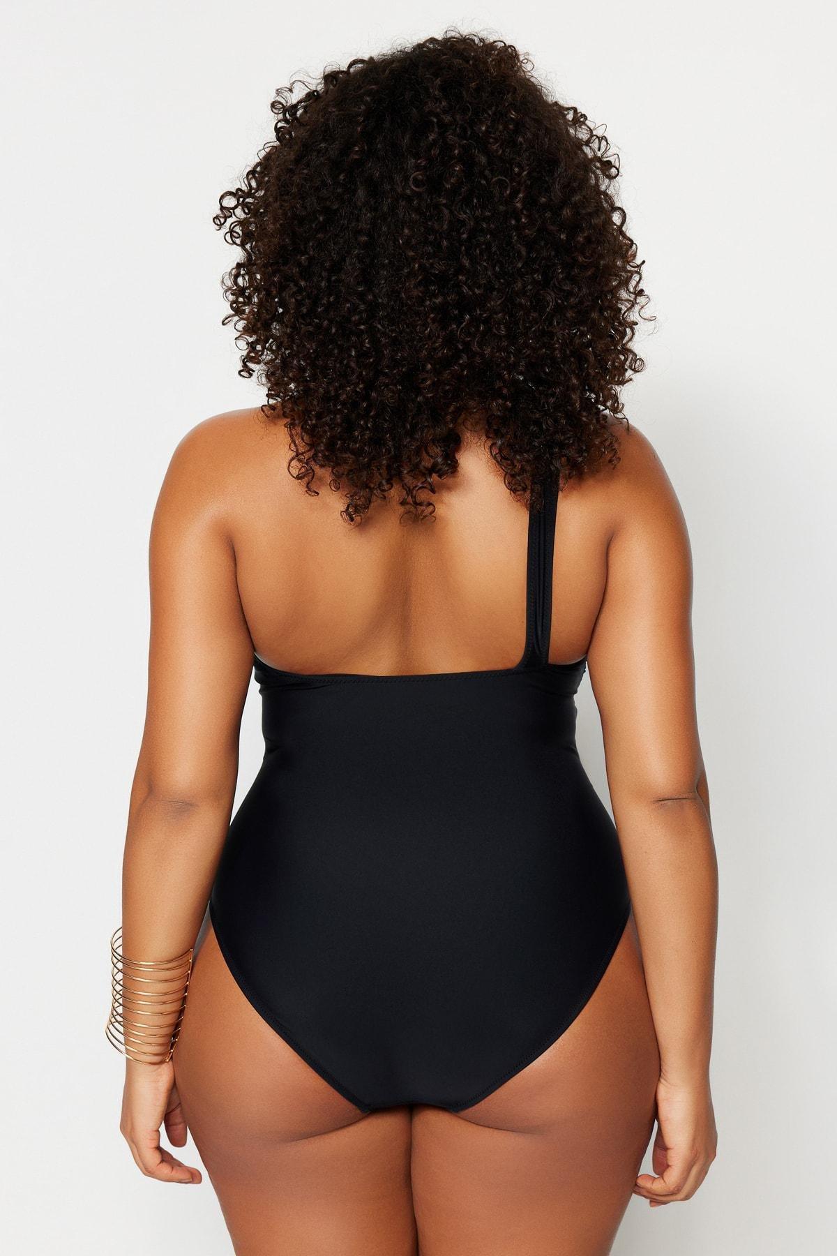 Trendyol - Black Sheer Detail Plus Size Swimsuit