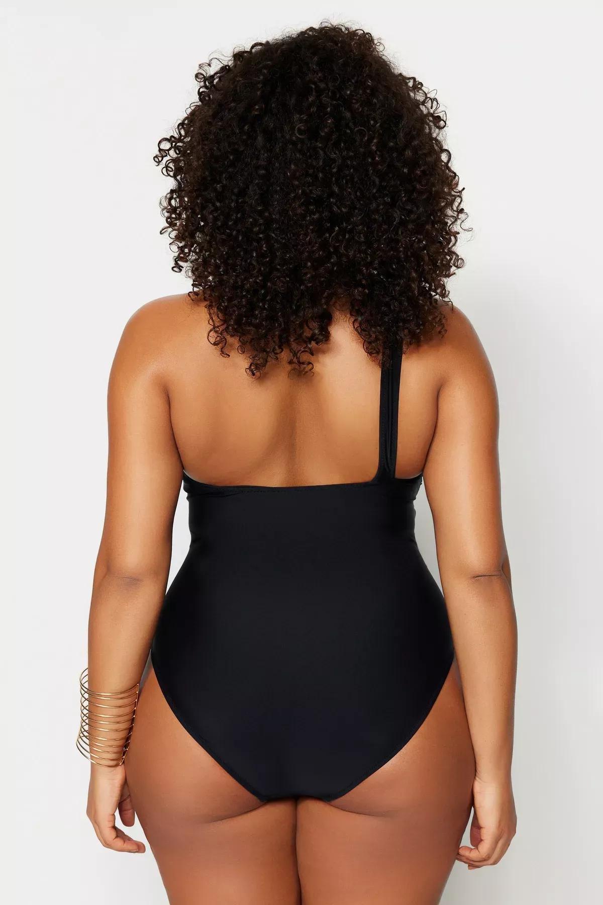 Black Sheer Detail Plus Size Swimsuit, Black, large image number 4