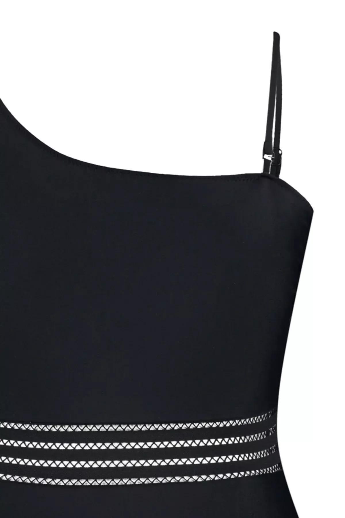 Black Sheer Detail Plus Size Swimsuit, Black, large image number 6