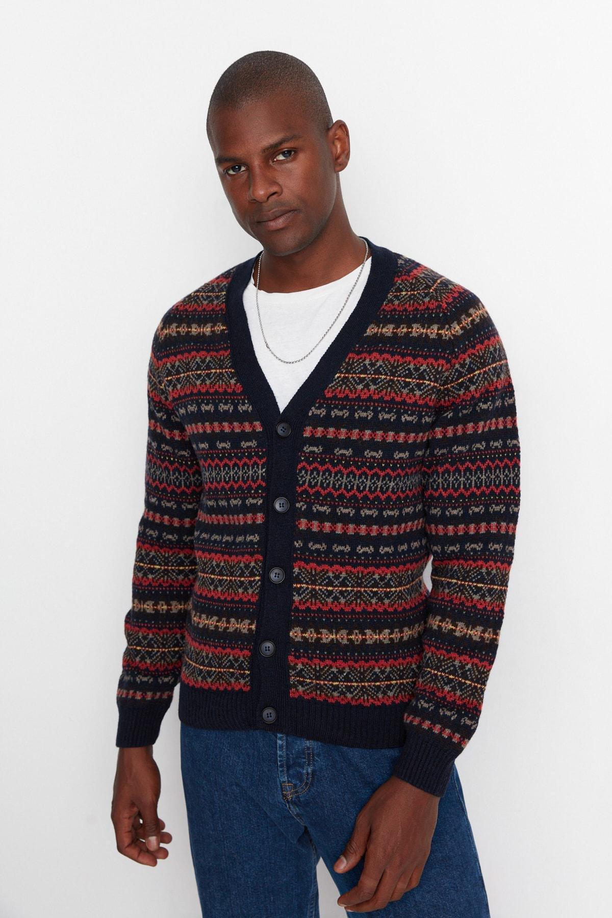 Trendyol - Navy Ethnic Pattern V Neck Cardigan