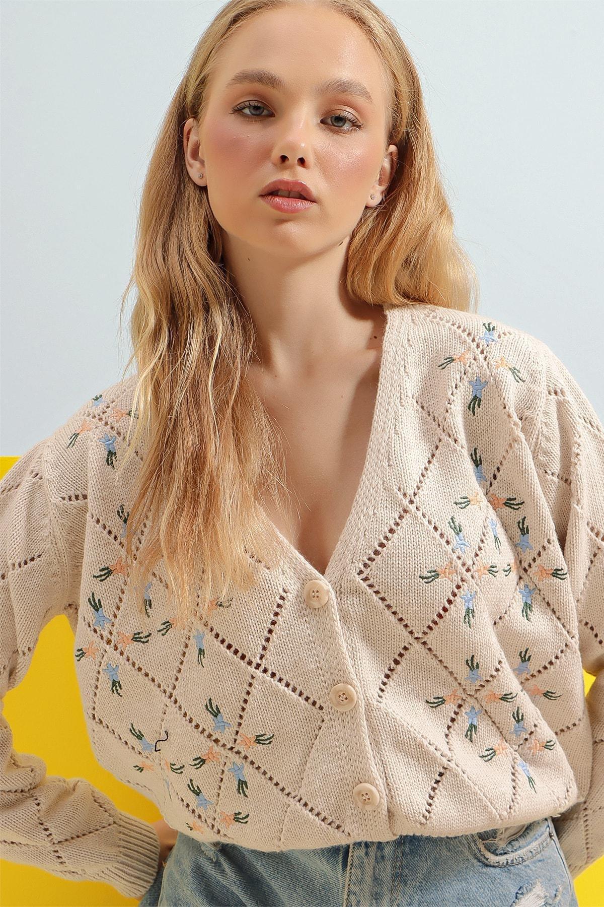Beige Ajoure Cardigan, , large image number 1