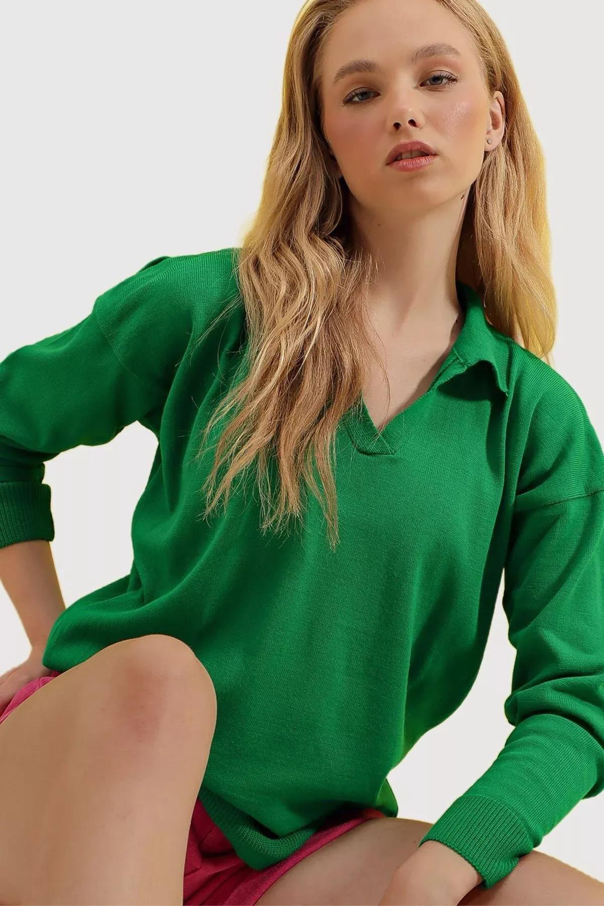 Green Polo Neckline Sweater, Green, large image number 3