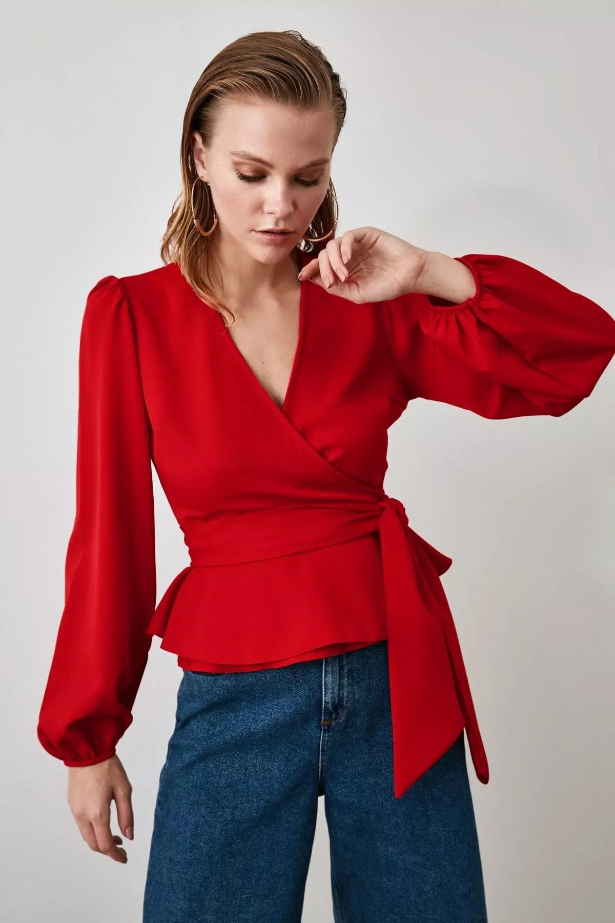 Red Double-Breasted Tie Blouse, , large image number 0