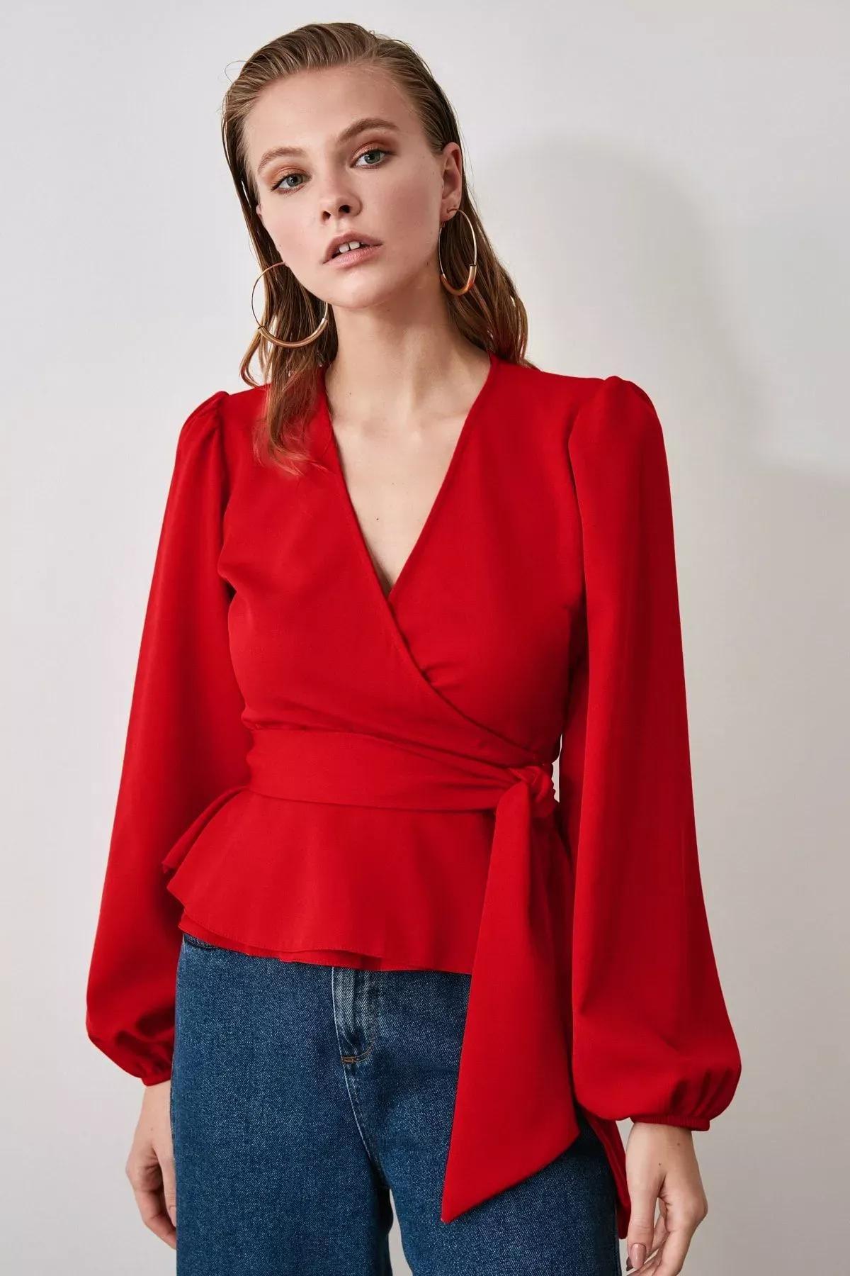Red Double-Breasted Tie Blouse, , large image number 1