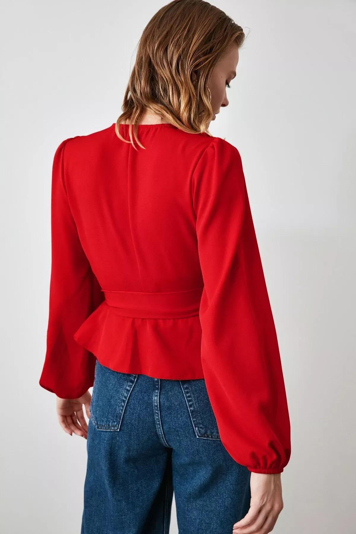 Red Double-Breasted Tie Blouse, , large image number 2