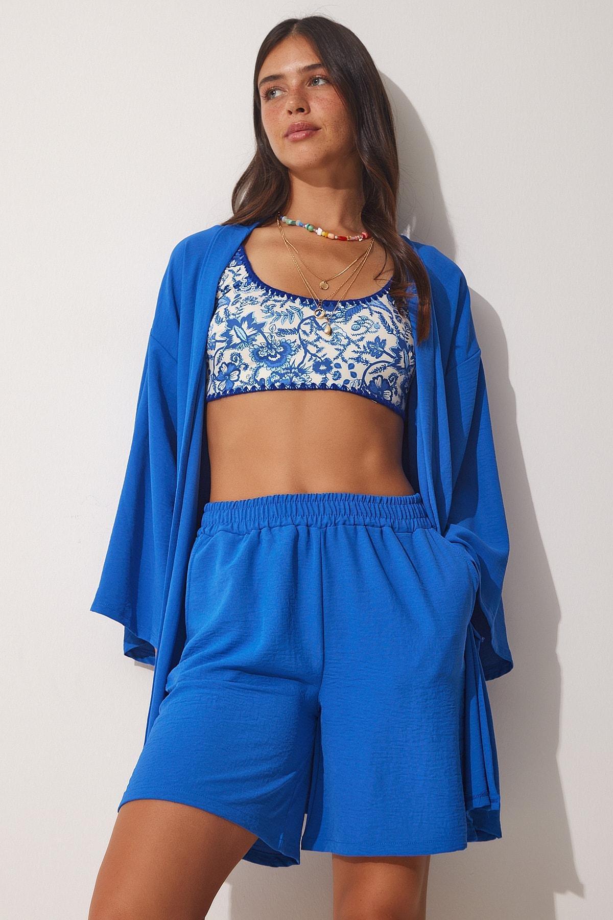 Happiness Istanbul - Blue Flowy Kimono Shorts, Set Of 2