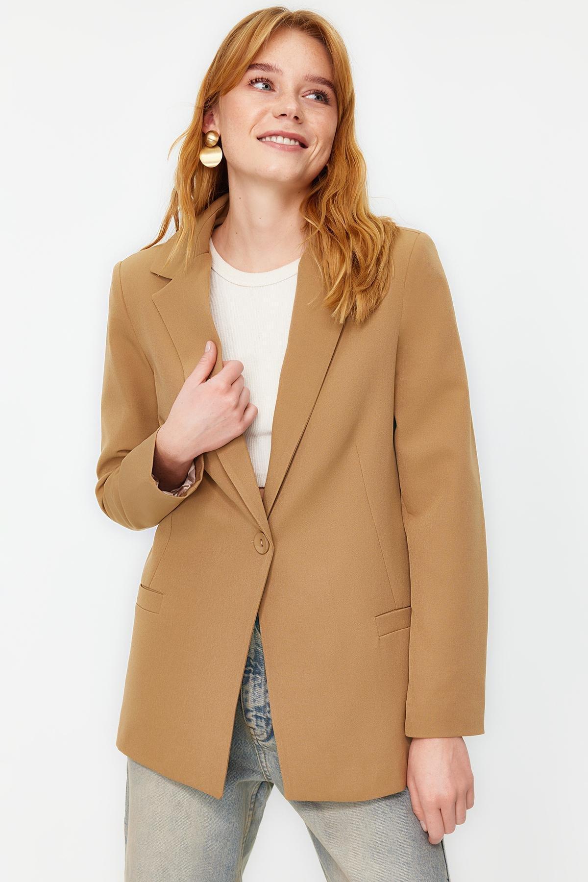 Beige Lining Detailed Woven Blazer Jacket, , large image number 2