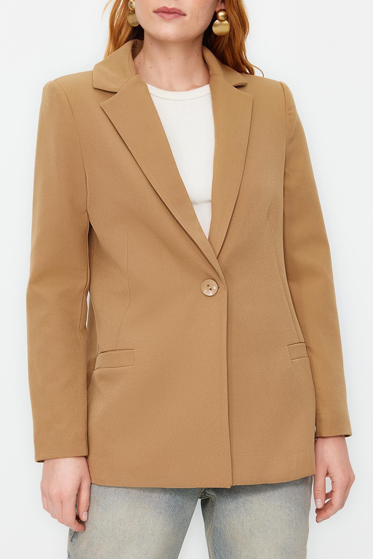 Beige Lining Detailed Woven Blazer Jacket, , large image number 3