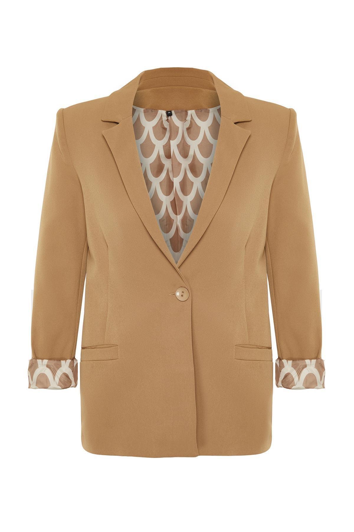 Beige Lining Detailed Woven Blazer Jacket, , large image number 5