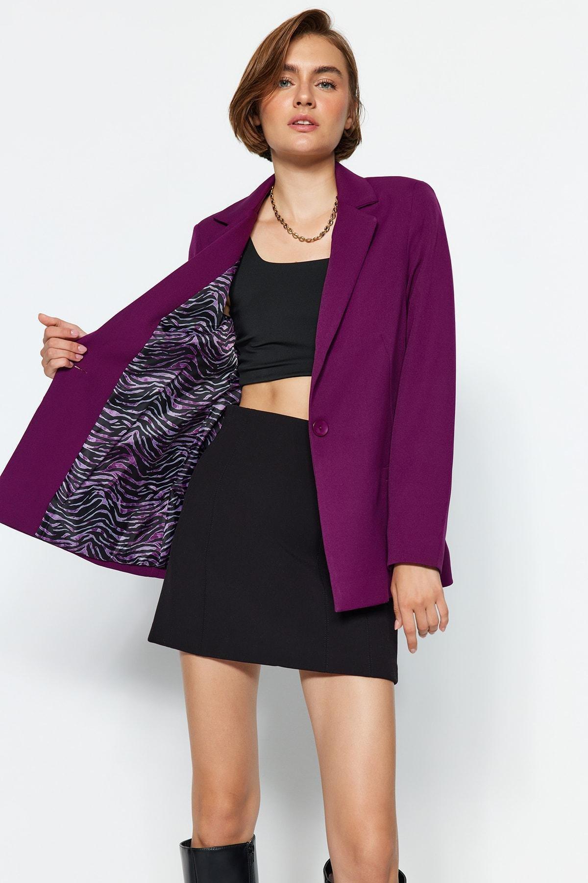 Purple Detailed Woven Blazer Jacket, , large image number 0