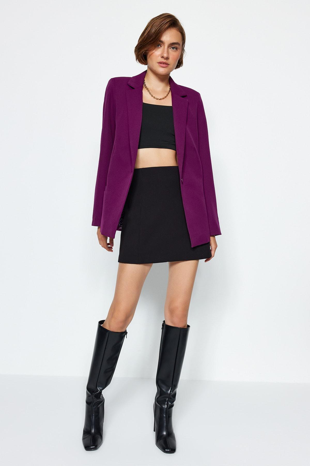 Purple Detailed Woven Blazer Jacket, , large image number 1