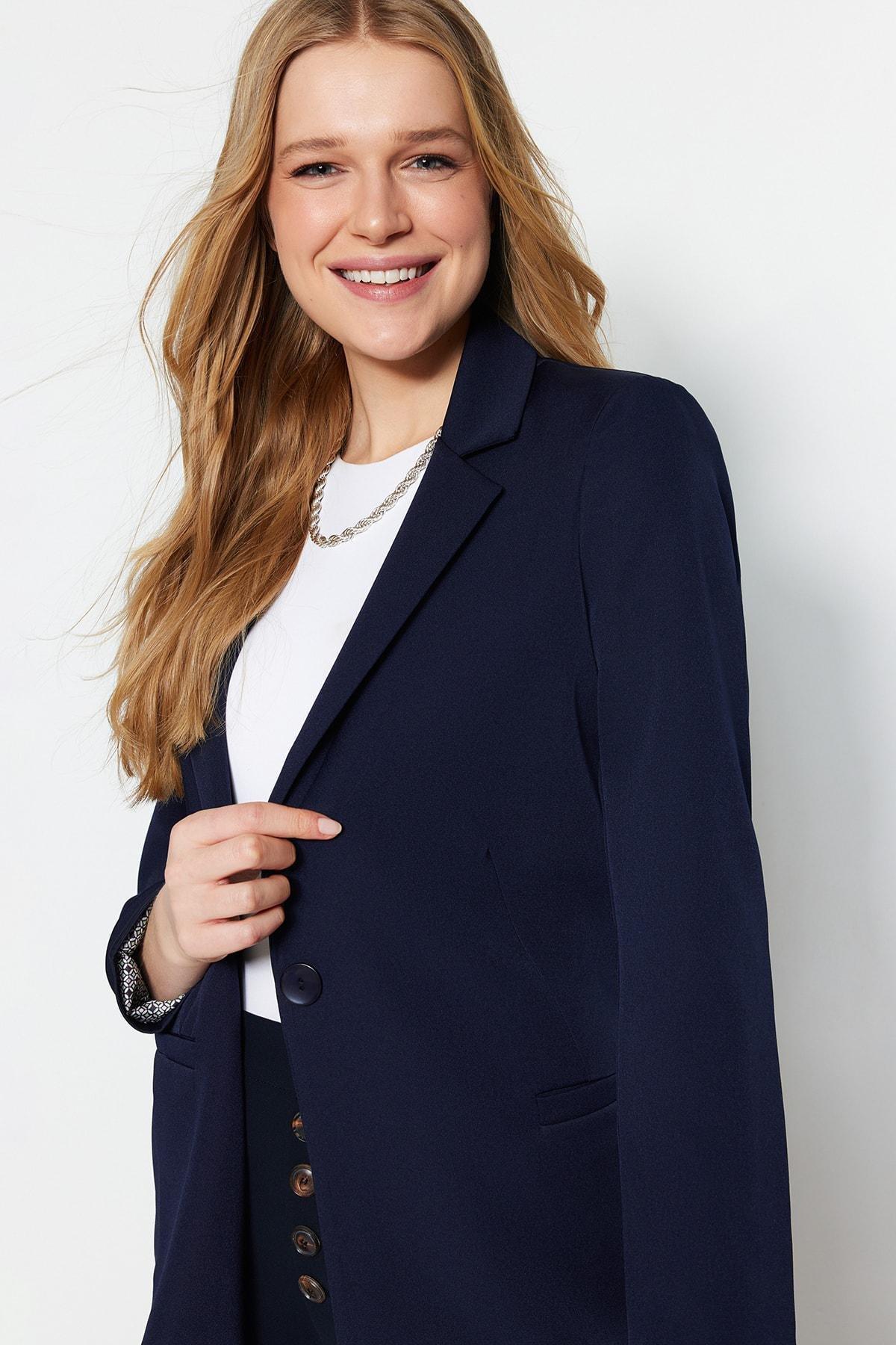 Navy Lapel Collar Blazer, , large image number 1