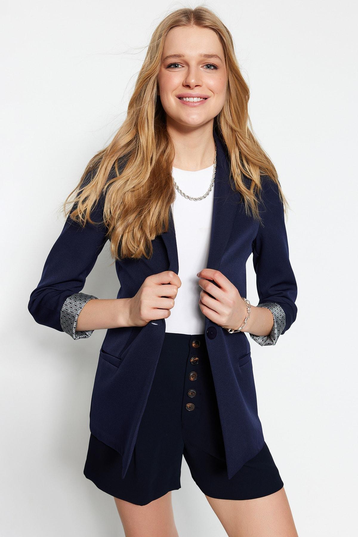Navy Lapel Collar Blazer, , large image number 2
