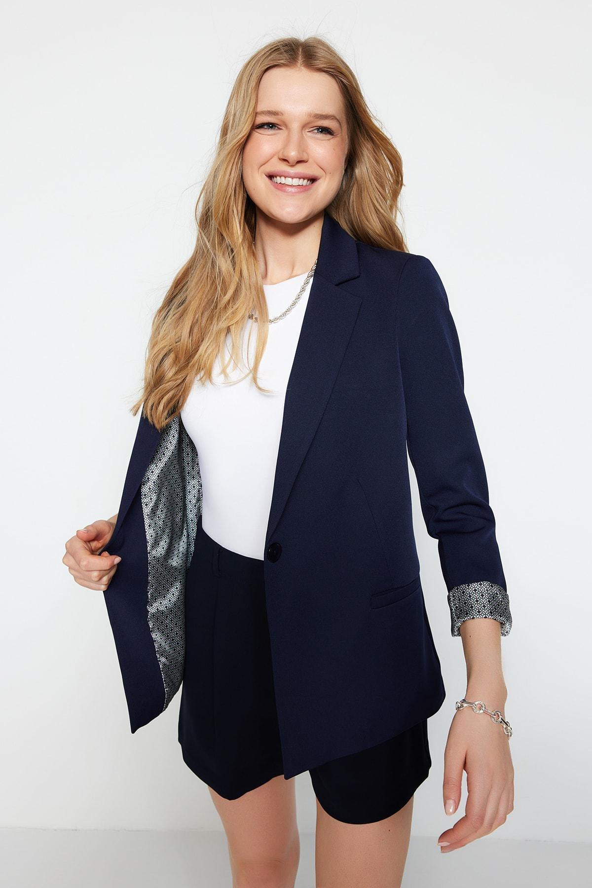 Navy Lapel Collar Blazer, , large image number 3