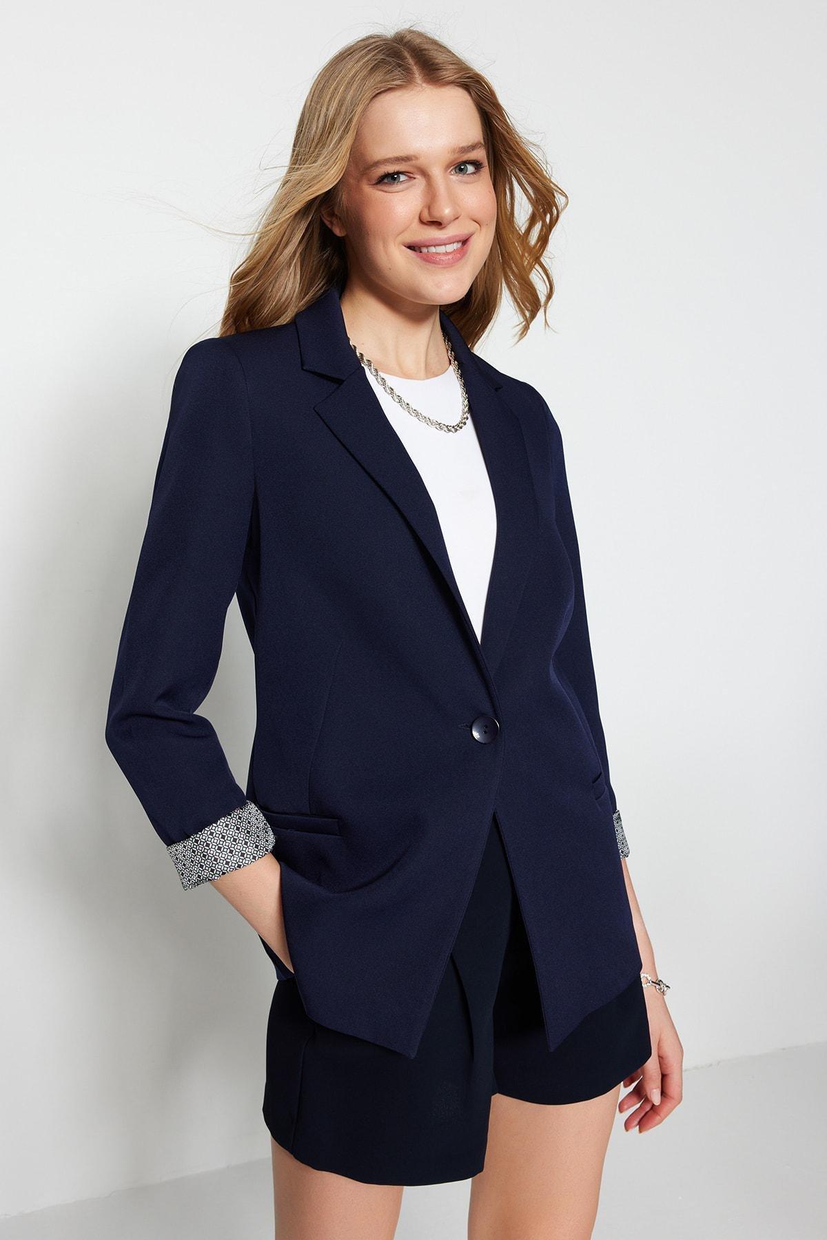 Navy Lapel Collar Blazer, , large image number 4
