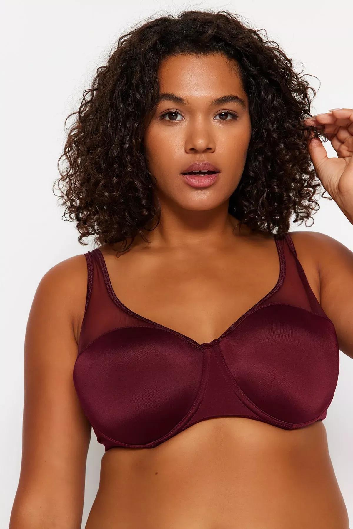 Burgundy Plain Plus Size Bra, Burgundy, large image number 1