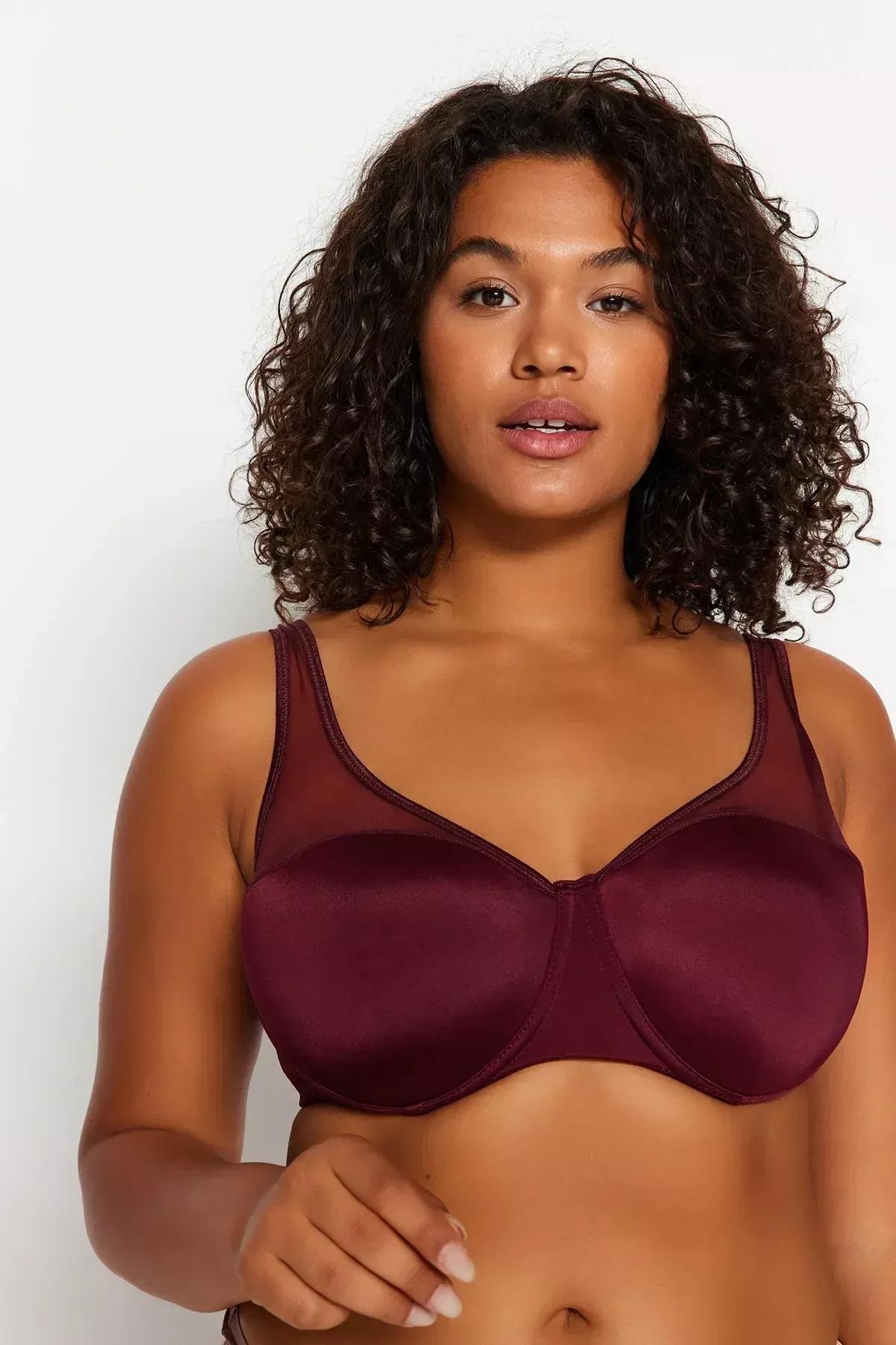 Burgundy Plain Plus Size Bra, Burgundy, large image number 3