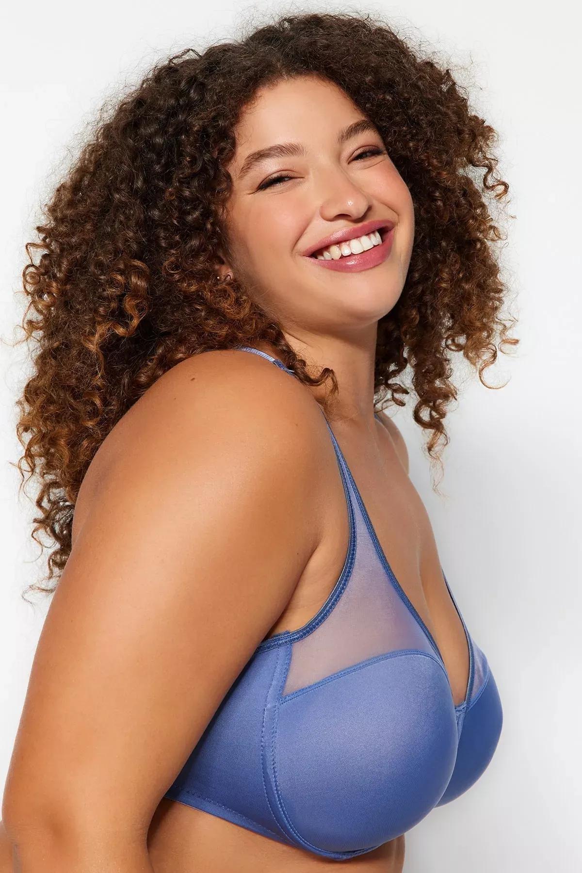 Blue Plain Plus Size Bra, Indigo, large image number 1