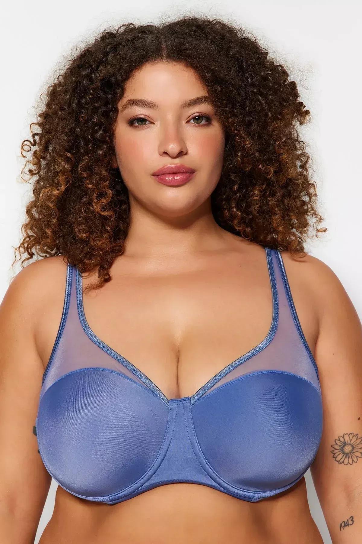 Blue Plain Plus Size Bra, Indigo, large image number 3