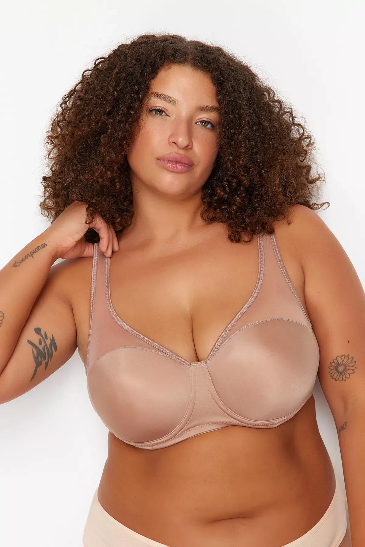 Beige Mesh Detail Compression Plus Size Bra, Mink, medium