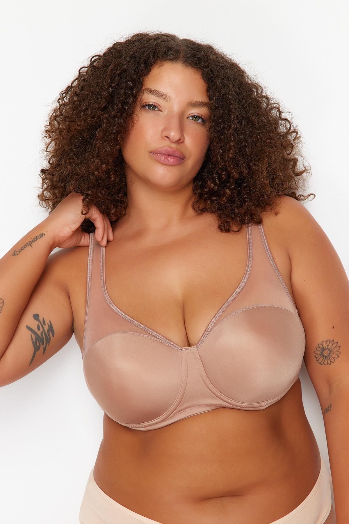 Beige Mesh Detail Compression Plus Size Bra, , large image number 1
