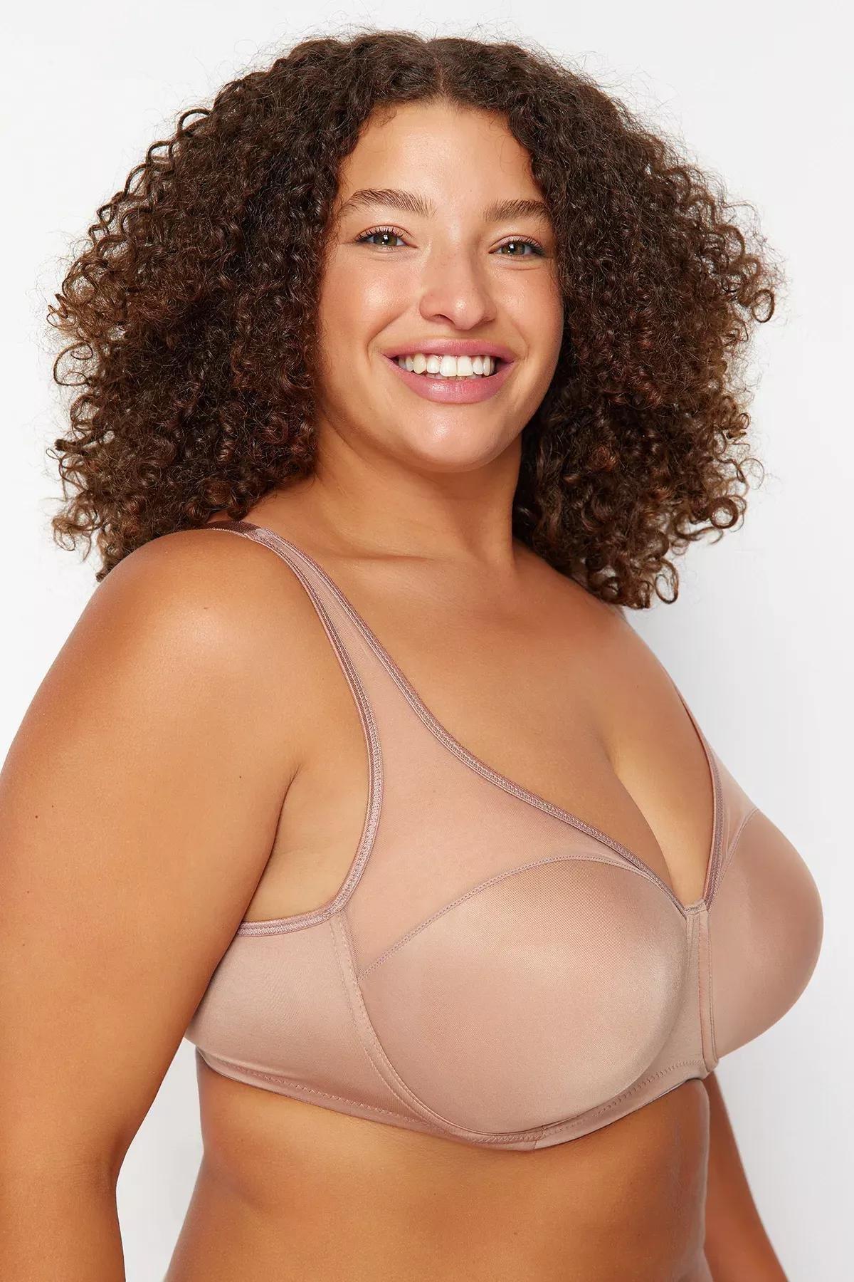 Beige Mesh Detail Compression Plus Size Bra, Mink, medium