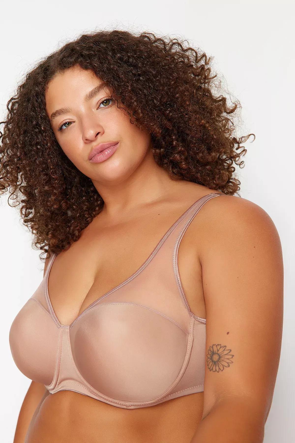 Beige Mesh Detail Compression Plus Size Bra, Mink, medium