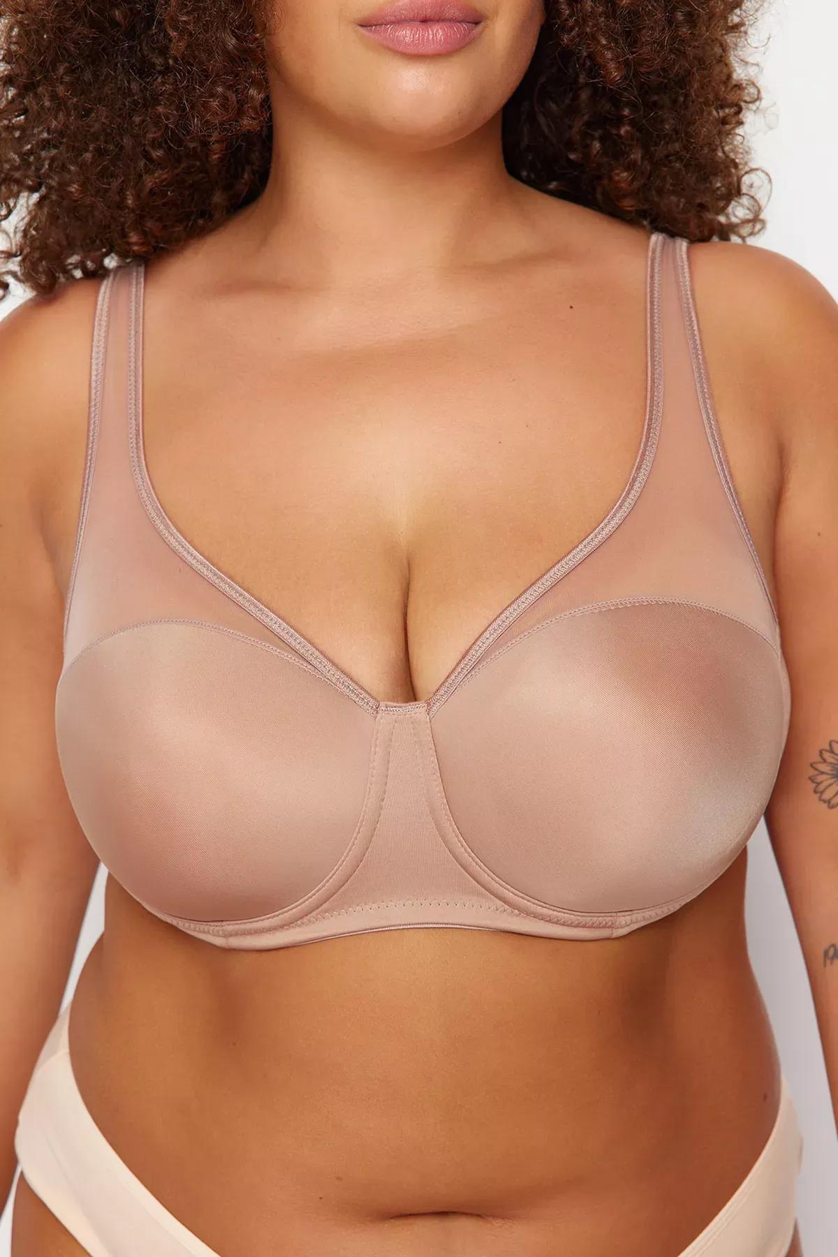 Beige Mesh Detail Compression Plus Size Bra, Mink, large image number 3