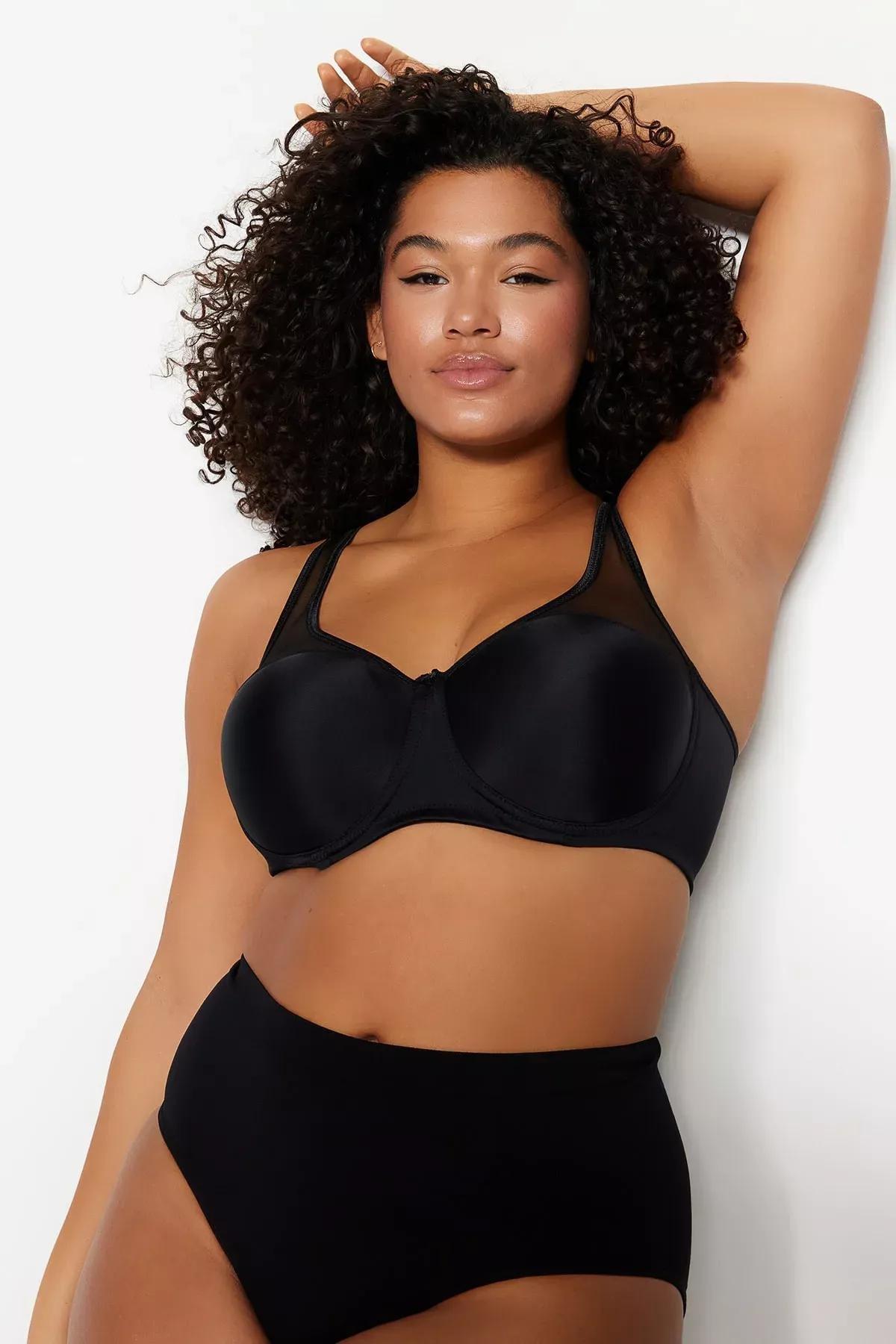 Ecru Plain Plus Size Bra, Black, medium