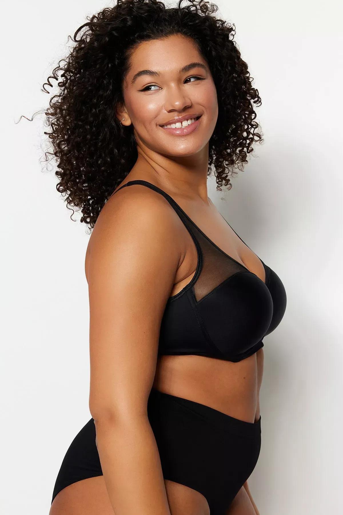 Ecru Plain Plus Size Bra, Black, medium