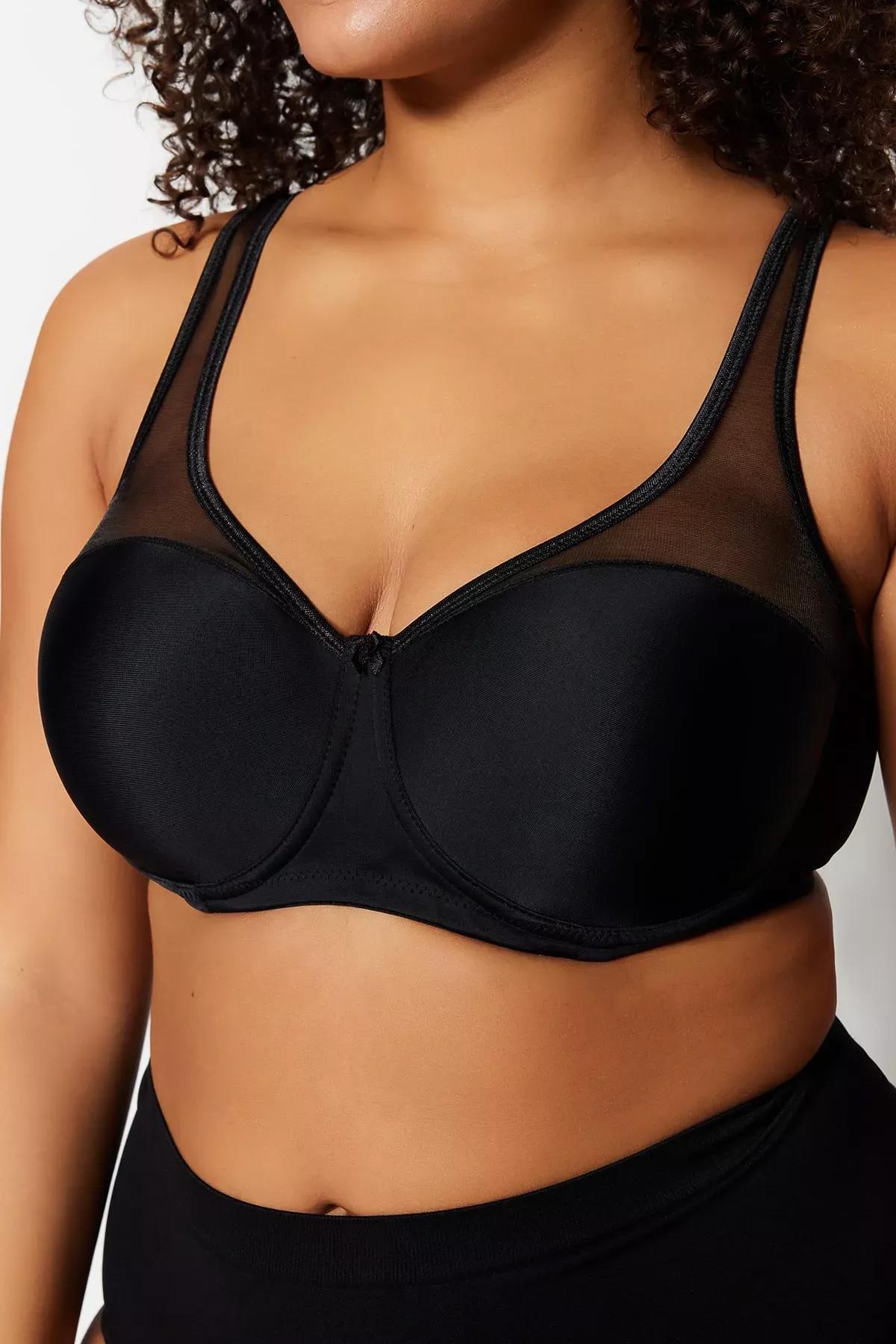 Ecru Plain Plus Size Bra, Black, medium