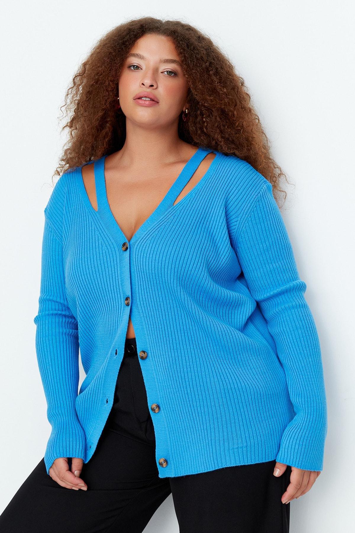 Blue V-Neck Plus Size Cardigan, , large image number 0