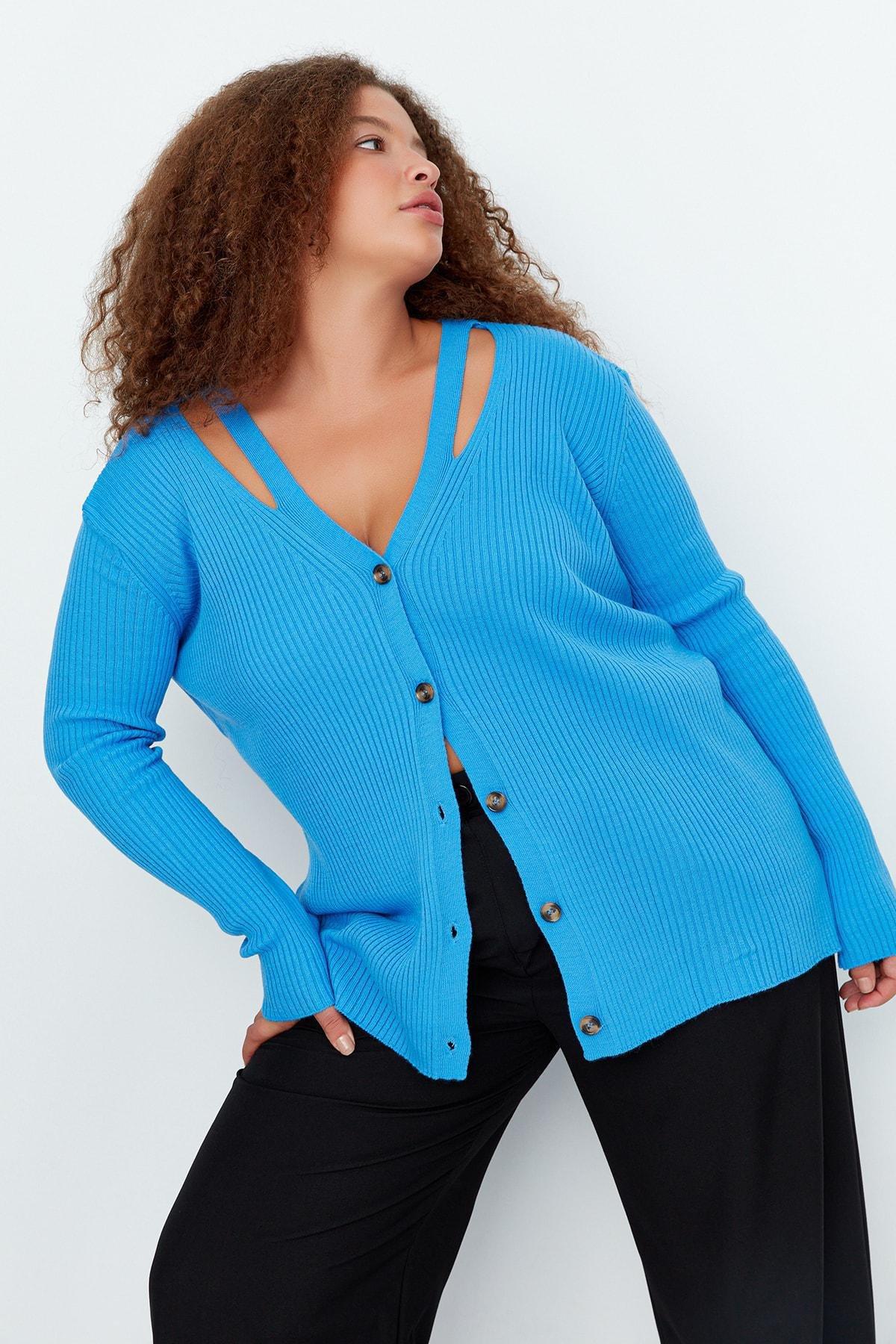Blue V-Neck Plus Size Cardigan, , large image number 1