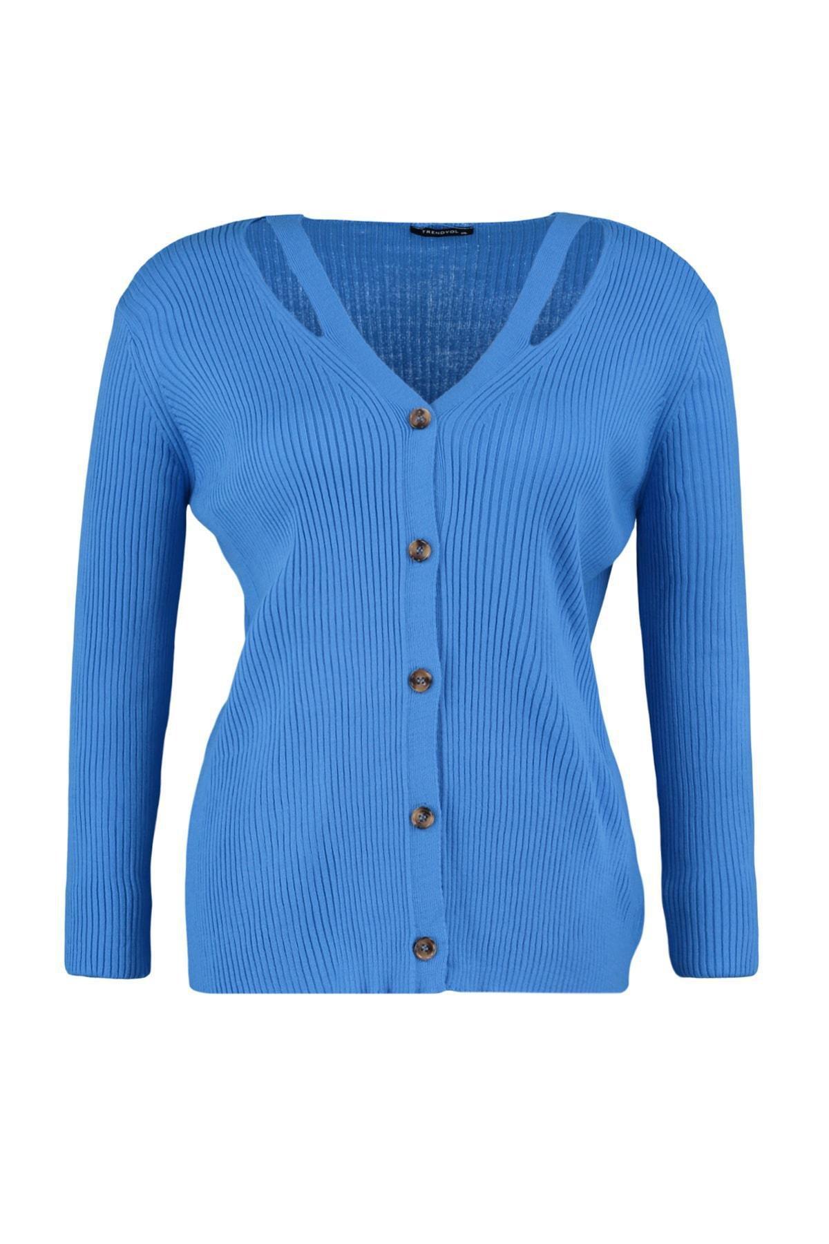 Blue V-Neck Plus Size Cardigan, , large image number 5