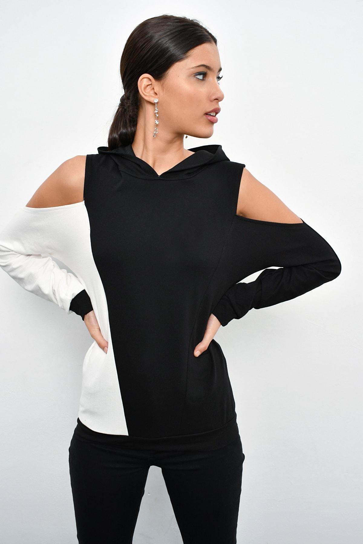 Black Colour Block Open Shoulder Sweatshirt, BLACK, medium