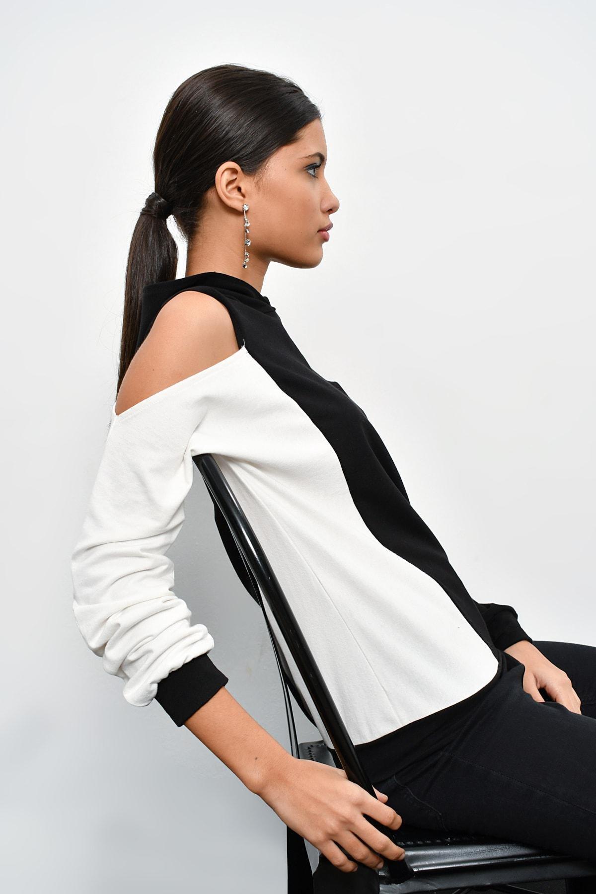 Black Colour Block Open Shoulder Sweatshirt, BLACK, medium