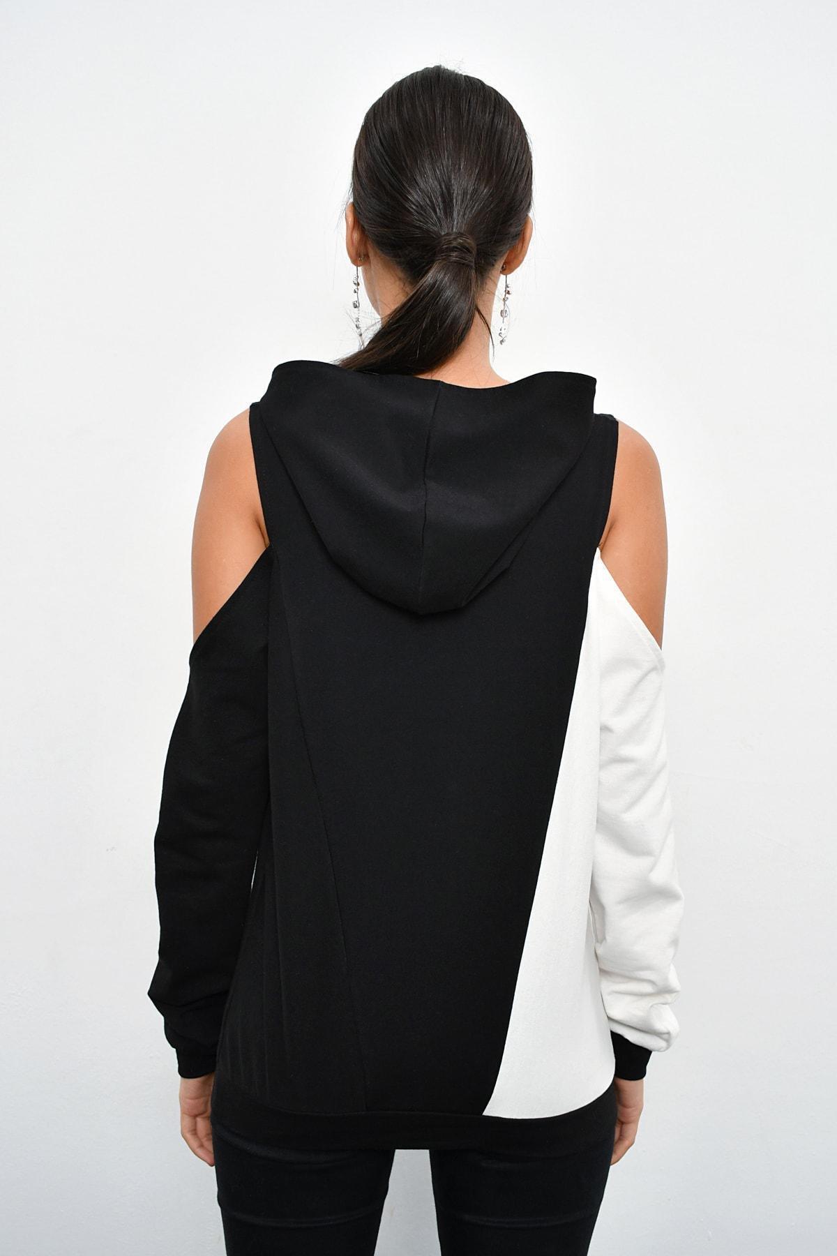 Black Colour Block Open Shoulder Sweatshirt, BLACK, medium