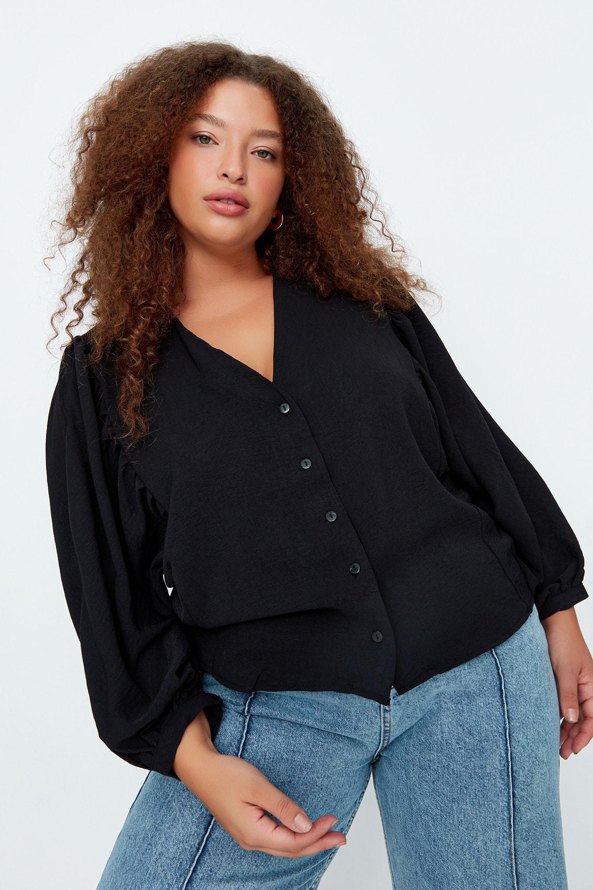 Black V-Neck Plus Size Shirt, , large image number 1
