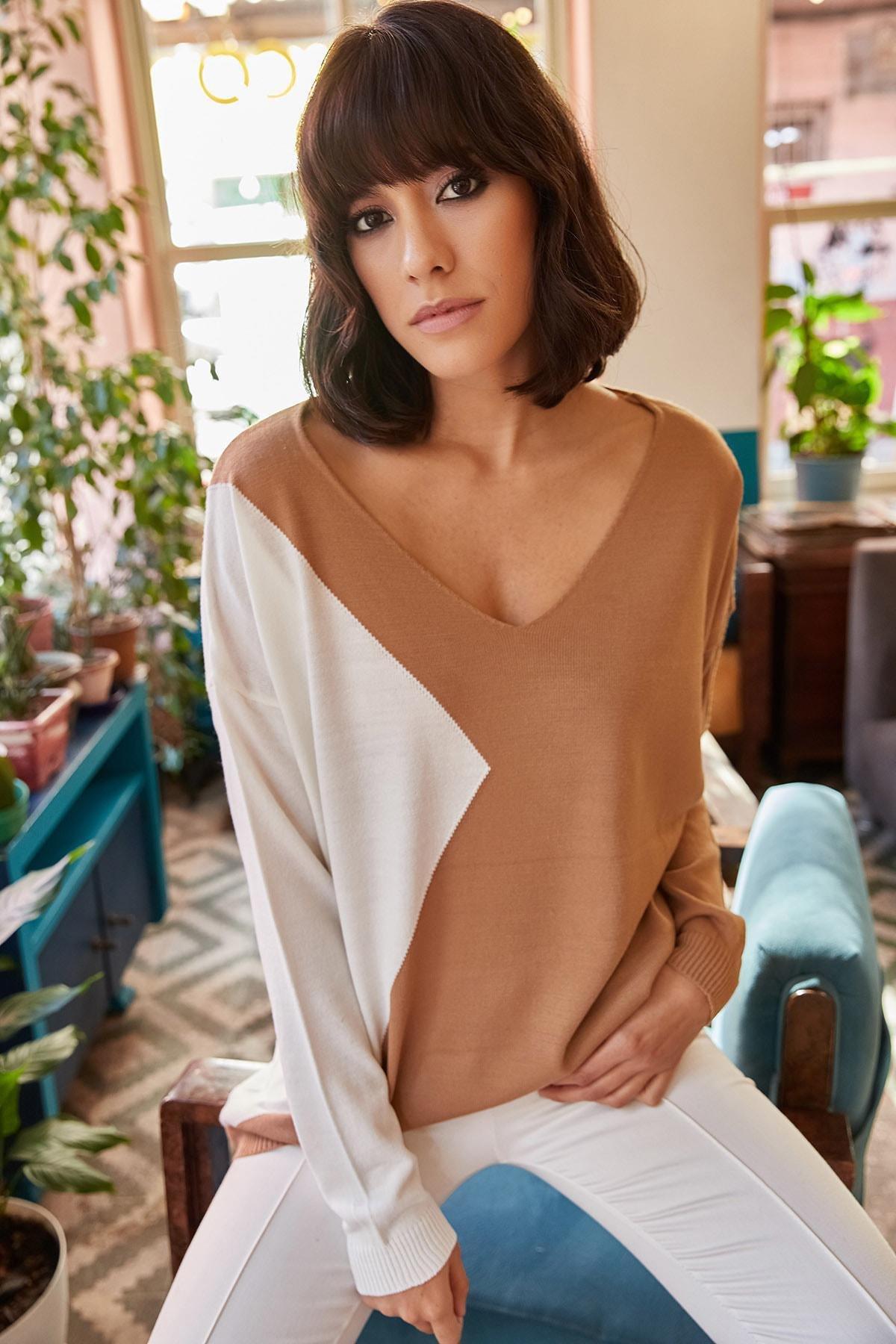 Brown Block V-Neck Loose Knitwear Sweater, , large image number 1