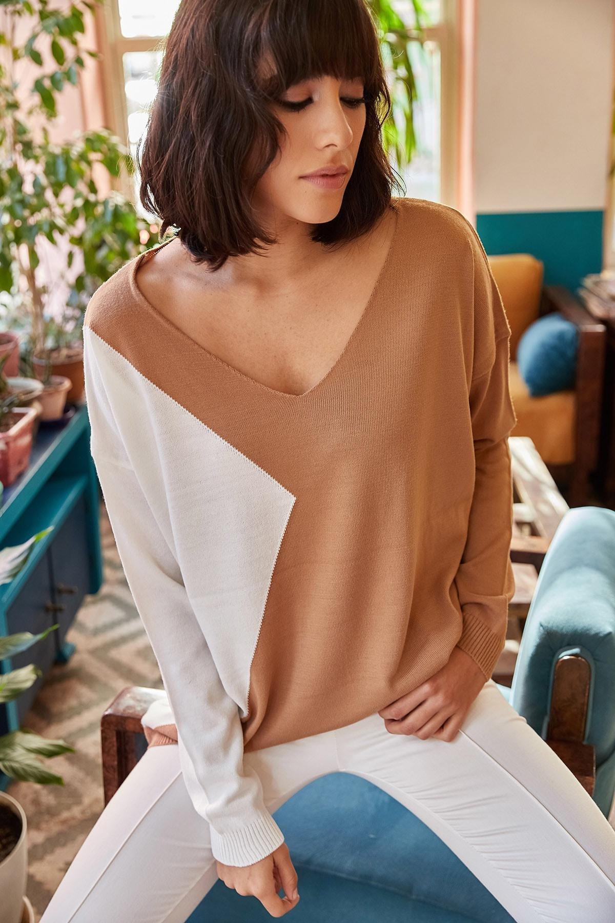 Brown Block V-Neck Loose Knitwear Sweater, , large image number 2
