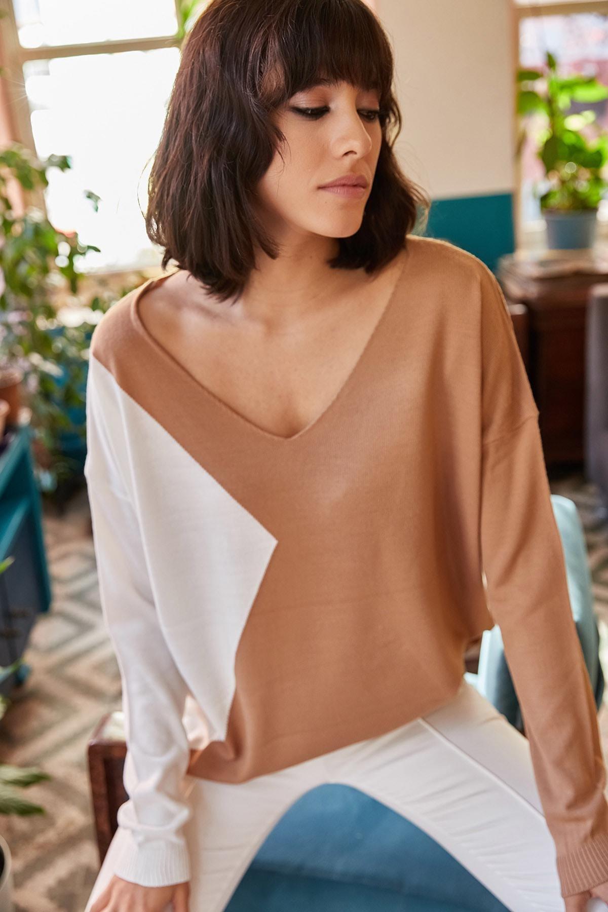 Brown Block V-Neck Loose Knitwear Sweater, , large image number 5