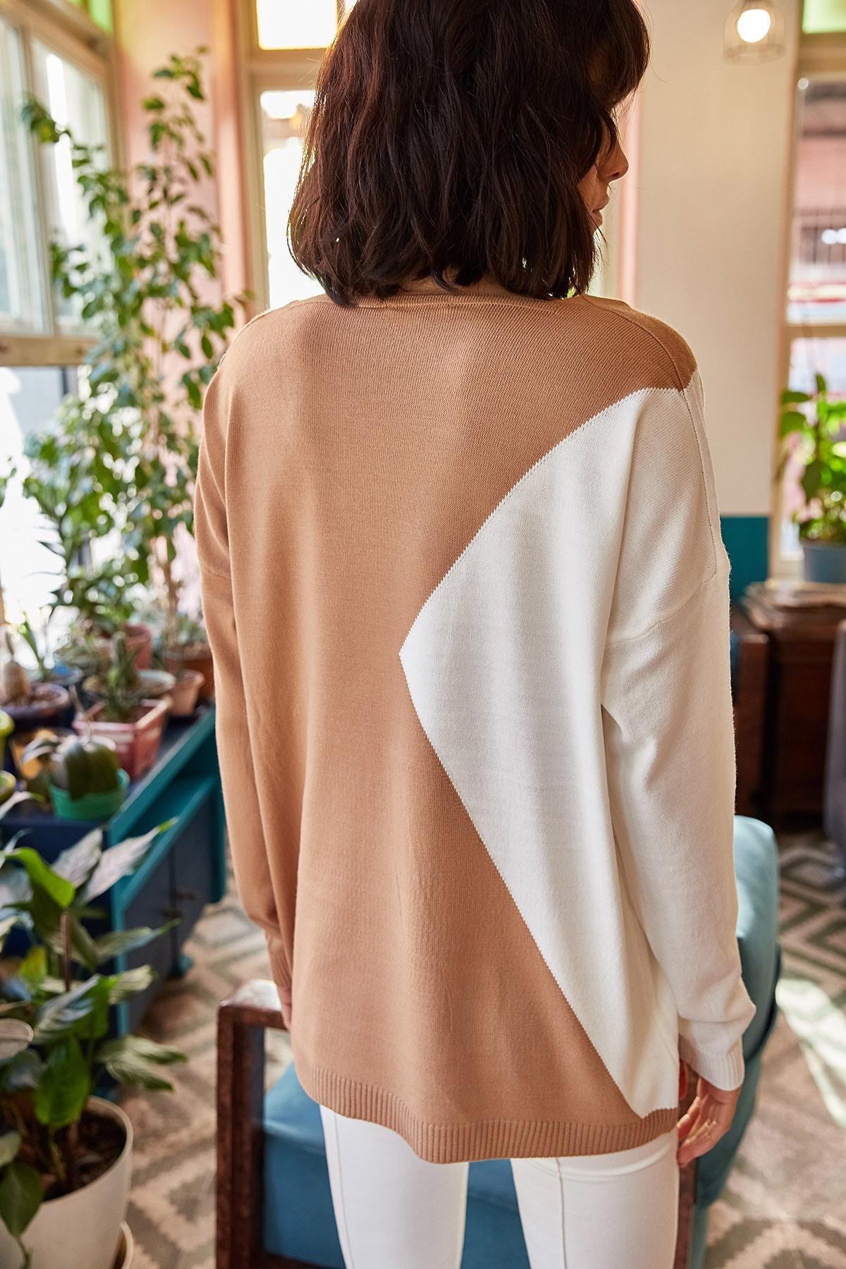 Brown Block V-Neck Loose Knitwear Sweater, , large image number 7