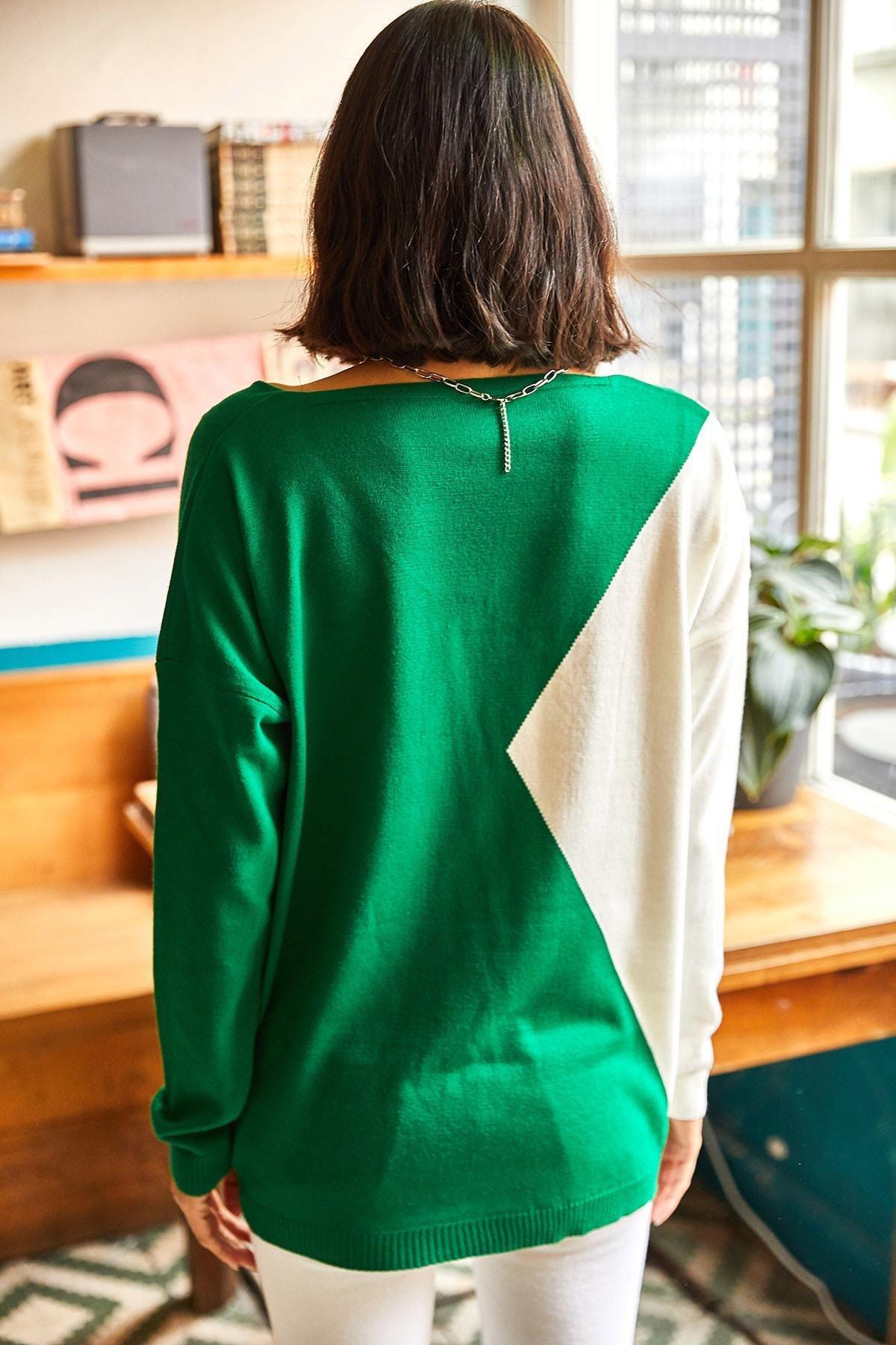 Green V-Neck Loose Knitted Sweater, , large image number 3