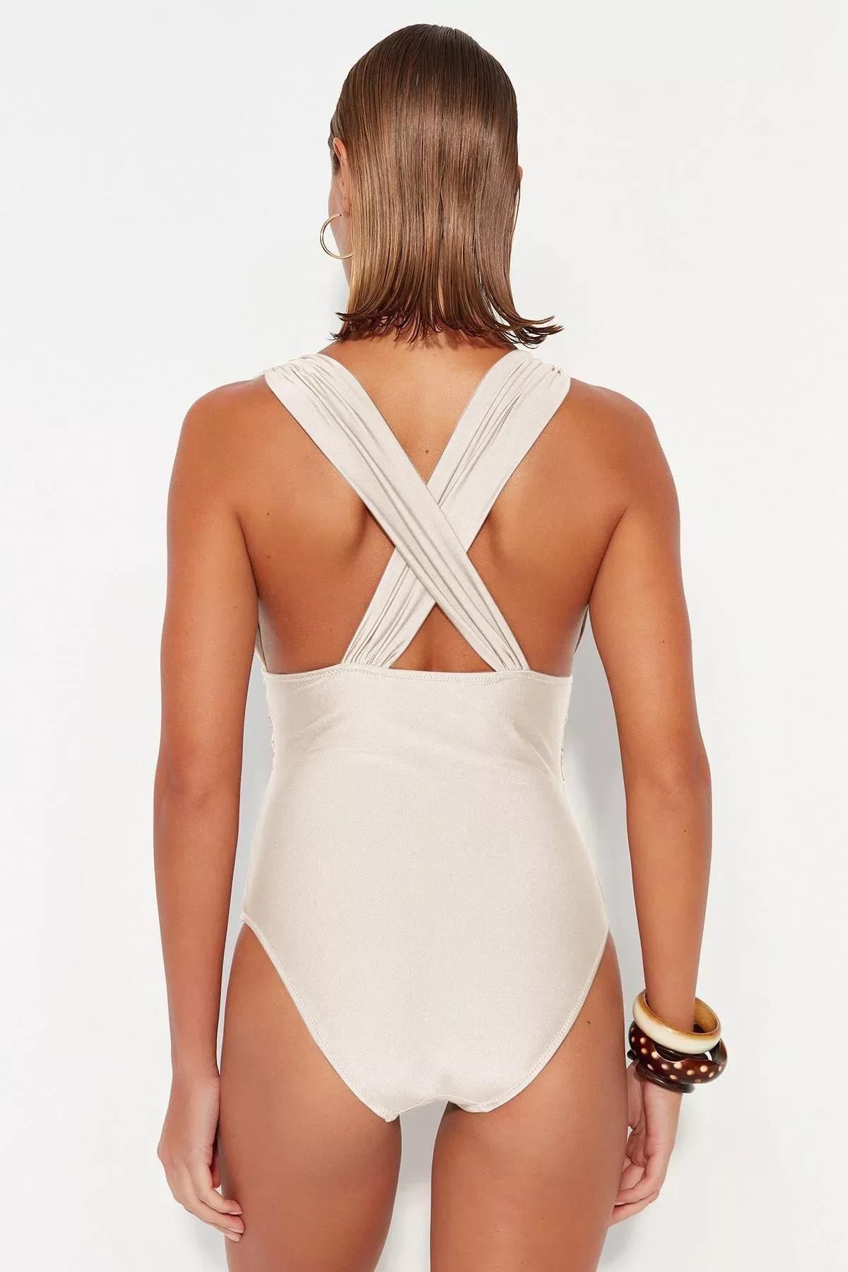 Beige Deep Low-Cut Swimsuit, , large image number 6