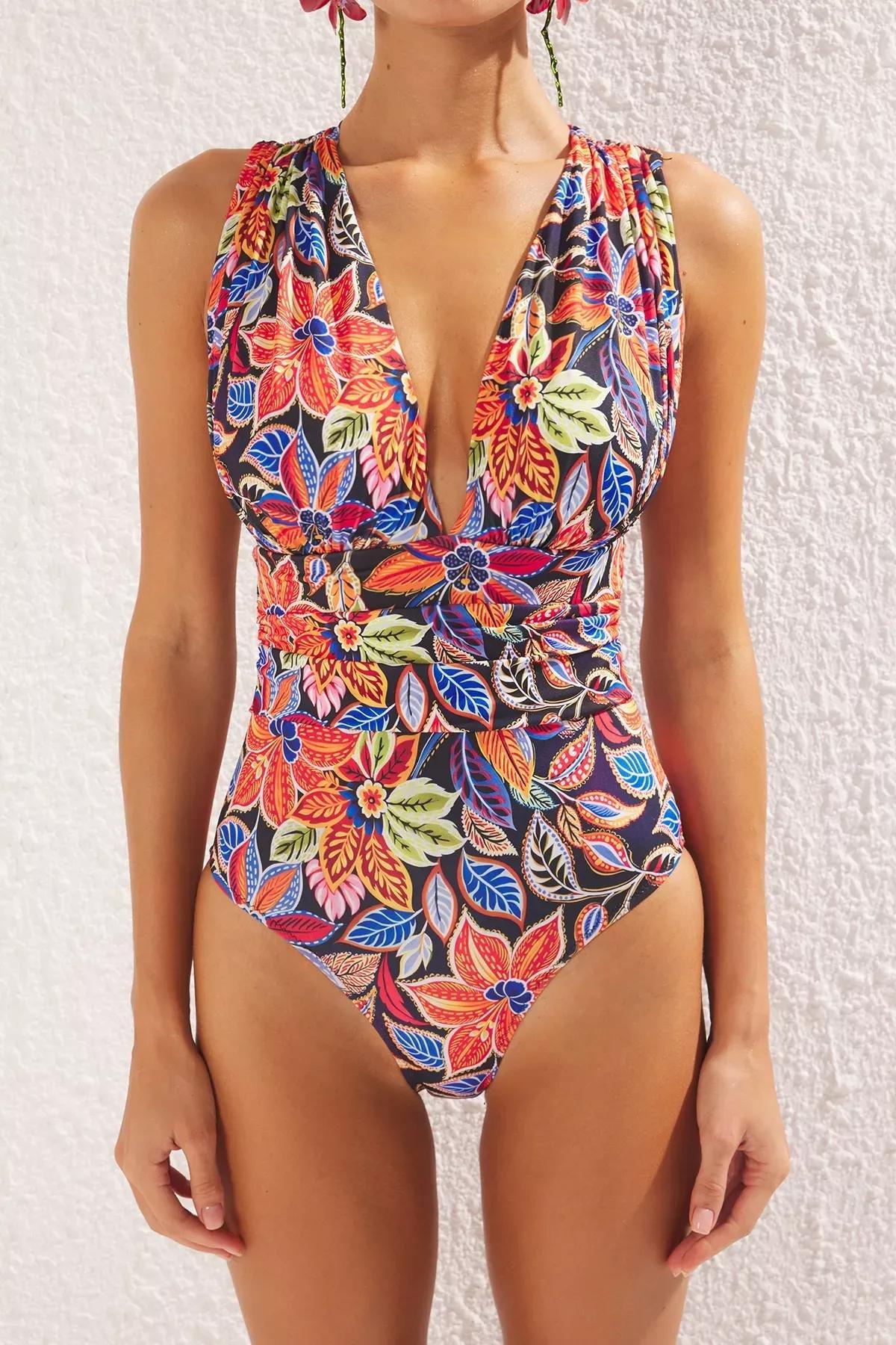 Blue Floral Patterned Swimsuit, , large image number 2