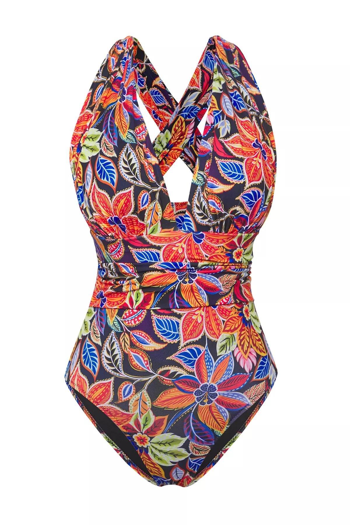 Blue Floral Patterned Swimsuit, , large image number 4