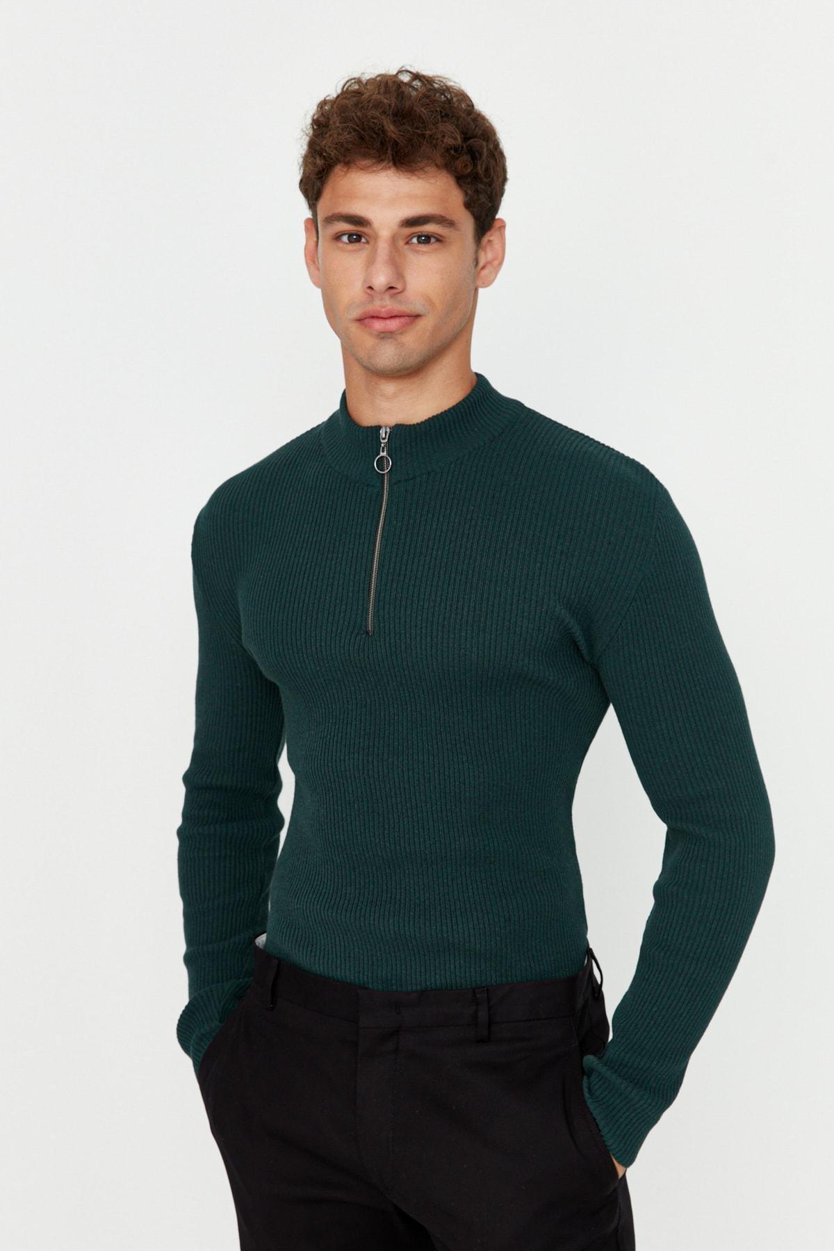 Green Fitted Standing Collar Sweater, , large image number 0